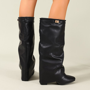 Nouvelles Bottes Mi-Mollet <span class=keywords><strong>Femme</strong></span> Automne-Hiver 2026 à Boucle Métallique Pointue, Talons Épais, Bottes Pantalon Tendance - Product Image 6
