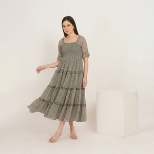 Vestido midi con cuello cuadrado y mangas con volantes, de chifón a rayas, corte A, estilo bohemio, informal de verano, ajuste holgado - Product Image 1