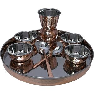 PARIJAT HANDICRAFT 12 Inch Stainless Steel Copper Traditional Dinner <b>Set</b> Thali Plate Bowls Glass Spoon <b>for</b> Home Use - Product Image 1