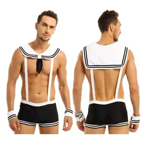 Men's Elastic Suspenders Boxer Shorts with Collar and Cuffs Sailor Cosplay Costume Lingerie Set