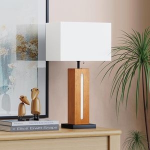 Modern Dimmable Table Lamps Set Of 2 Square Wood Grain Base With LED <b>Nightlight</b> For Bedside Use - Product Image 3