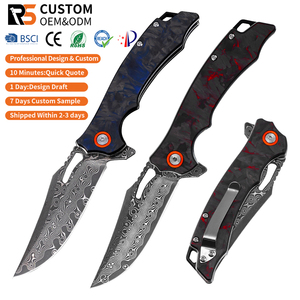 Cuchillo de Damasco con Certificación BSCI, Hoja de Damasco, Mango de Fibra de Carbono, Cuchillo Plegable Táctico para Campamento, Supervivencia y Uso Diario - Product Image 1