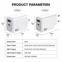 Chargeur rapide GaN double port 65W pour téléphone, prise US/EU, QC3.0 PD45W, adaptateur secteur compact de voyage, logo personnalisé, vente en gros usine
