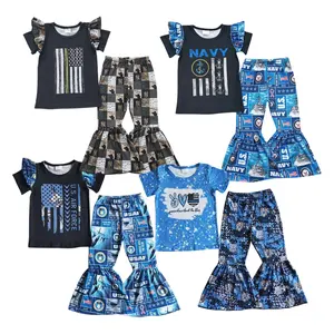 A1-17 Navy print black short sleeve flared pants toddler girls clothing sets little girls clothing sets girls 8 years old