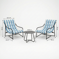 Ensemble bistrot moderne 3 pièces pour extérieur, structure en fer, chaise en toile respirante, coussins rayés, confortable pour jardin, cour, terrasse