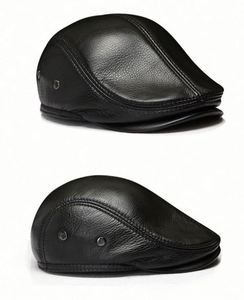 <b>Men</b> Vintage Cowhide Beret <b>Caps</b> Earflaps <b>Flat</b> Top Ivy <b>Cap</b> Windproof Duckbill Warm Black Brown Genuine Leather Hats - Product Image 3