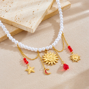 European Style Pearl Necklace Gold Plated Stainless Steel Multi Element Pendant Flower Star Heart Shape Party Jewelry - Product Image 2