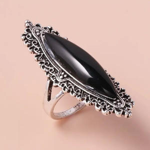 Anello da donna H449 in onice argento, taglio marquise, a forma di scudo, placcato anticato, idea regalo - Product Image 1