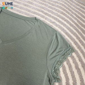 Conjunto de Pijama de Jersey para Mujer SUHE, Cuello en V, Manga Corta, Ribete de Encaje, Cierre con Cordón, Largo Completo, Color Sólido Suave, Primavera/Verano - Product Image 6