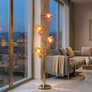 Pink Translucent Acrylic Lotus <b>Floor</b> <b>Lamp</b>, Curvy Gold Metal Frame Flower Light, Decorative Standing <b>Lamp</b> <b>for</b> Hotel Lobby - Product Image 3