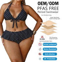 Traje de Baño de Dos Piezas para Mujer Shanhao OEM, Negro con Puntos, Halter con Lazos Delanteros, Volantes, Cintura Alta, Antifugas, Absorbente, Libre de PFAS