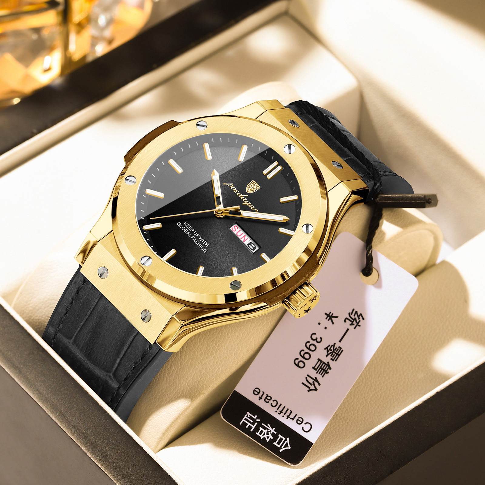 6 black dial gold case