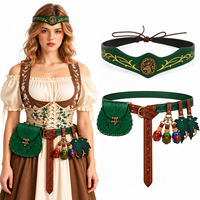 Set Kostum Peri Elf Renaisans, Gaun Peri Hutan Abad Pertengahan dengan Korset, Sabuk, Kantong, Hiasan Kepala Daun, Pakaian Cosplay Halloween
