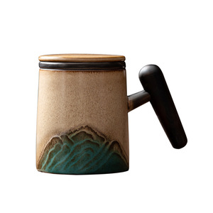 Ceramic <b>Tea</b> <b>Mug</b> With Lid And Filter Kiln Fired Yellow Mountain Design Wooden Handle <b>For</b> Home Office Gift Use - Product Image 5