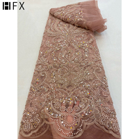 HFX शानदार सेक्विन मनके Tulle फीता कपड़े 2021 उच्च गुणवत्ता कढ़ाई लाल गुलाबी फ्रेंच मेष Tulle फीता शाम पोशाक H5703