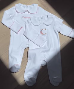 Ensembles de vêtements pour bébé, <span class=keywords><strong>col</strong></span> Peter Pan avec bordure picotée, broderie personnalisée, barboteuse en coton 100% pour nouveau-né - Product Image 1