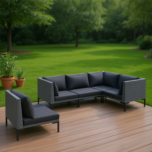 Ensemble de salon de jardin en rotin gris foncé 6 places, mobilier d'extérieur résistant aux intempéries, design contemporain, structure en métal - Product Image 2