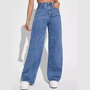 Vente en gros de jeans droits pour femmes, pantalons en denim à jambes larges, jeans taille haute extensibles, vêtements neufs - Product Image 4