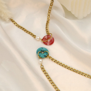 Stainless Steel Pearl Cuban Chain Natural Stone Pendant Necklace Women's Jewelry Round Turquoise Green Pink Gift Fashion - Product Image 3