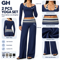 Nouvel ensemble de sport 2 pièces GH : haut contrastant à manches longues, coupe ajustée, contrôle du ventre, leggings évasés effet push-up pour fitness, course et yoga