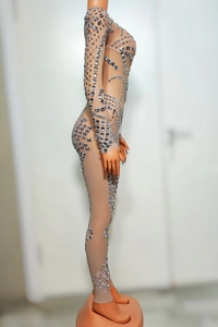 Body de <span class=keywords><strong>Fiesta</strong></span> Brillante de Manga Larga Transparente con Diamantes para Mujer, Tallas Grandes, <span class=keywords><strong>Mono</strong></span> de Una Pieza con Pedrería - Product Image 3