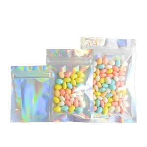 In Stock MOQ 500 Zipper Holographic Packaging Bags Holographic Laser Mylar Pouch For Cosmetic Food Snack