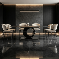 Table à manger rectangulaire en marbre moderne et contemporaine de luxe italienne, base en acier inoxydable brossé doré, écologique, durable, 4 à 8 personnes