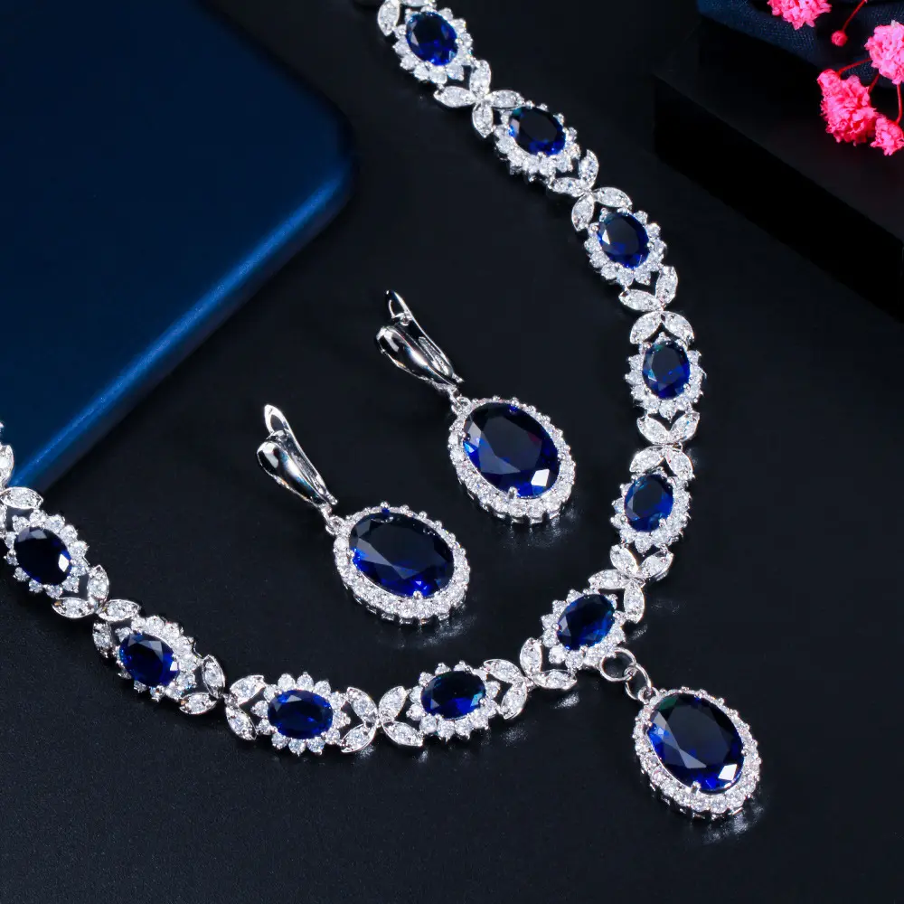 Fashion Bride Sapphire Earrings Necklace Jewelry Dinner Accessories
