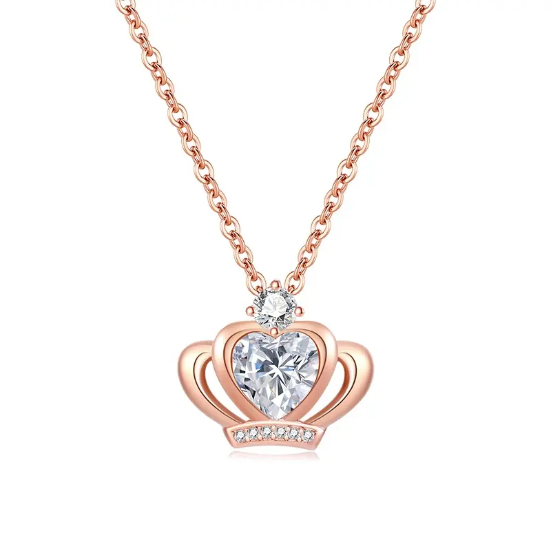 White Gold Plated Queen Princess Crown Pendant with Heart Shaped Swarovski Element Crystal Necklace Fashion Jewelry for Girls