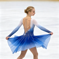 Robe de patinage artistique dégradé blanc-bleu, manches longues, dos profondement ouvert, jupe ornée de strass pour compétition et performance adultes et enfants
