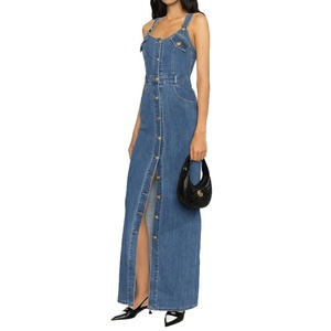 ShanLai Custom <b>Lady</b> <b>Overall</b> Denim Dress/OEM Halter Sleeveless Maxi Jean Dress for Women - Product Image 3