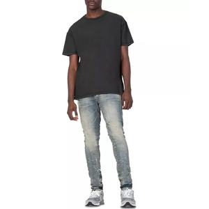 Custom Vintage Washed Slim Fit <b>Jeans</b> Light Blue Faded Denim Trousers Splatter Printed <b>Indigo</b> <b>Jeans</b> for <b>Men</b> - Product Image 4