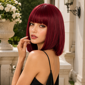 Peluca sintética corta tipo bob de 12 pulgadas, color rojo vino, con flequillo, resistente al calor, para mujer, moda, <span class=keywords><strong>cosplay</strong></span>, uso diario, peluca completa, venta al por mayor - Product Image 6
