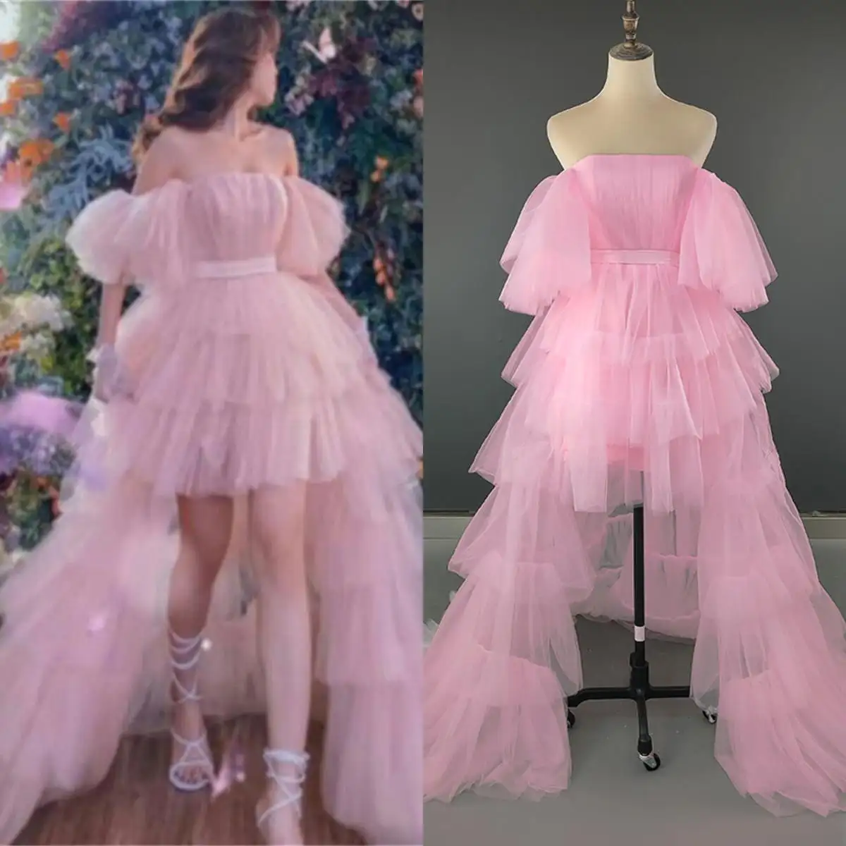 14262 # реальные фотографии, Розовое Кружевное Свадебное бальное мини-платье, вечернее платье на день рождения со съемным шлейфом для выпускного вечера