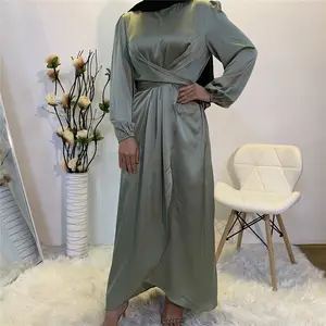 2023迪拜穆斯林女性伊斯兰服装谦虚时尚领带腰带缎面连衣裙穆斯林服装Abaya
