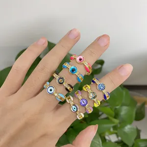 Lovely Unique Devil Eyes Multi-Colored Glass Drop Gazed Jeweled Rings Enamel Pave Eye Adjust Ring