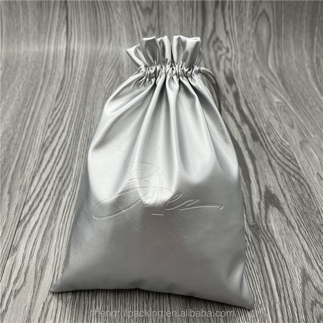 Luxury Silver PU Drawstring Bag Embossed Logo Custom Leather Gift Bag Pouch