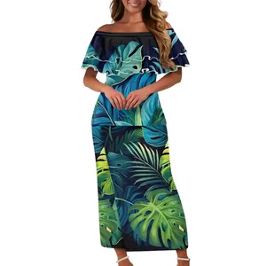 Tropical Hawaiian Beach Leaf Print Damen Elegantes Kleid Island Country Kleid 2 Stück Set Kleidung Custom ized Rüschen Schulter kleid