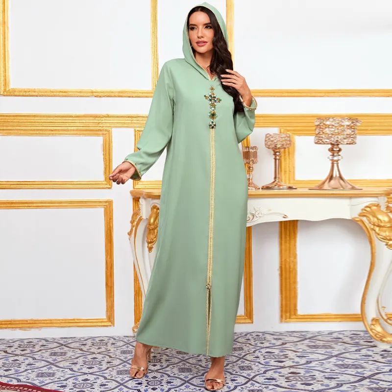 Bán Buôn Sang Trọng Kim Cương Đính Cườm Dân Tộc Kaftan Ăn Mặc Dubai Thổ Nhĩ Kỳ Ả Rập Hồi Giáo Bơ Màu Xanh Lá Cây Trùm Đầu Abaya Phụ Nữ Hồi Giáo Quần Áo