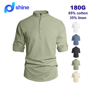 <span class=keywords><strong>Chemise</strong></span> tricotée décontractée pour homme, col montant, manches longues, en coton et lin, couleur unie, grande taille, tendance automne - Product Image 1