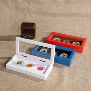 Porte-monnaie en bois boîte de rangement de pièces de monnaie affichage en bois acrylique couvercle transparent charnière rouge bleu blanc chocolat Carton fait à la main Laser Logo - Product Image 3