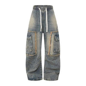 Jeans Cargo de Pierna Ancha para Hombre, Color Azul Claro, Estilo Vintage, Lavado, Cintura con Cordón Ajustable, Bolsillos con Parches Desgastados, Transpirables y Modernos - Product Image 3