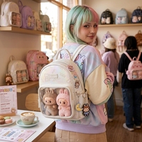 Sac à dos mignon en PU imperméable avec fenêtre transparente en PVC pour poupées, mini sac de rangement unisexe pour jouets Labubu Pop Mart, sac d'école personnalisable avec logo