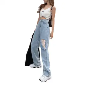 2022 New Womens Cao Eo Chân Rộng Quần Kot Toptan Bayan Siyah Kadin Dar Toptan Mavi Bootcut Quần Denim Quần Cô Gái Ripped Jeans