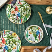 Service de table en céramique à motif aquarelle de perroquet tropical avec bordure dorée pour mariage, fête et décoration de table à domicile