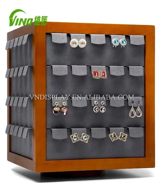 direct- sales custom 80 pcs earring card spinner display ear ring organizer 4-way earring card display stand wooden earring rack