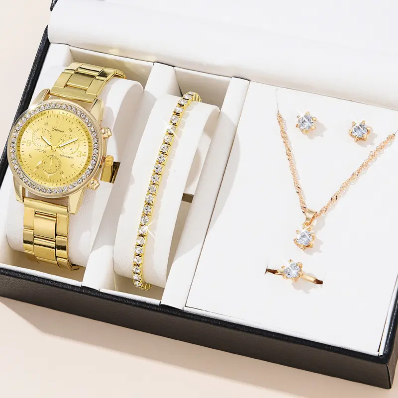 Conjunto de relógio feminino fashion 6 peças pulseira colar de diamantes relógios feminino conjunto de relógio de pulso de quartzo anel brinco meninas reloj