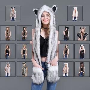 Personalizado de alta calidad de moda de las mujeres de tela de felpa de piel Animal <span class=keywords><strong>cabeza</strong></span> sombrero bufanda de invierno con orejas - Product Image 2