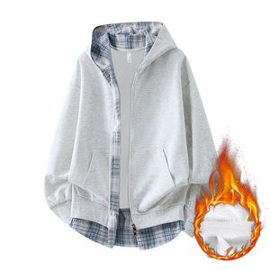 Cardigan épais doublé en polaire, sweat-shirt à capuche à carreaux unisexe, double fermeture éclair, automne hiver, nouvelle veste de couple - Product Image 5