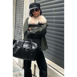 Manteau surdimensionné en jean et velours côtelé imprimé avec col en fourrure de lapin, fermeture éclair et simple boutonnage 6135-08 - Product Image 3